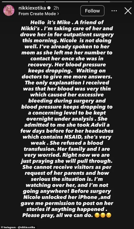 Nikki Exotika's 'Complicated Surgery' and 'Excessive Bleeding' Raise Concerns, Says Close Friend Mike