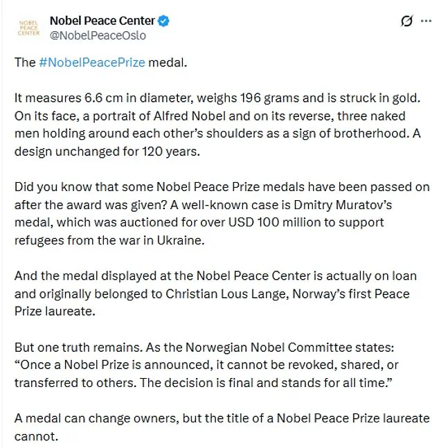 Norwegian Nobel Committee Rejects Transfer of 2024 Peace Prize Medal to Trump, Despite Machado's Gesture