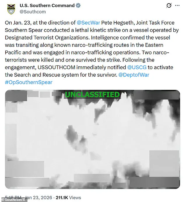 U.S. Military Conducts First Lethal Strike Against Narcoterrorists Since Maduro's Capture, Says Southern Command