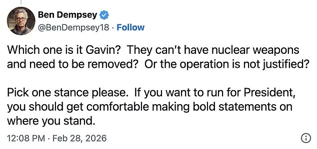 California Governor Gavin Newsom Faces Criticism for Contradictory Stance on Iran and Trump's Military Action