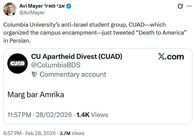 Columbia University's CUAD Group Sparks Controversy with 'Death to America' Message Amid US-Israeli Strikes on Iran