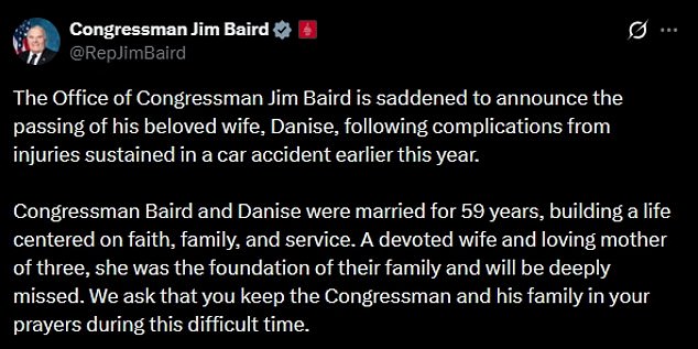Danise Baird, Wife of Indiana Congressman Jim Baird, Dies Following Complications from January Car Accident