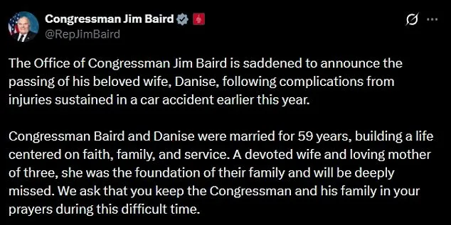 Danise Baird, Wife of Indiana Congressman Jim Baird, Dies Following Complications from January Car Accident