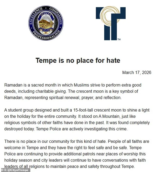 15-Foot-Tall Islamic Crescent Moon, Symbol of Interfaith Unity, Destroyed in Tempe, Arizona Amid Outcry Over Religious Freedom