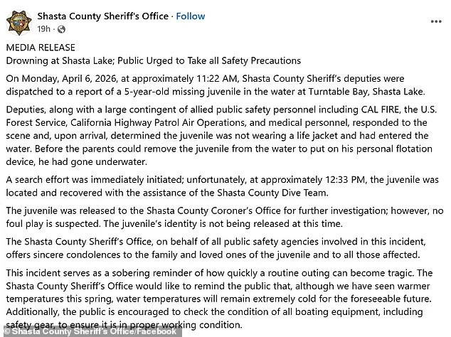 Tragedy in Shasta Lake: Five-Year-Old Boy Dies After Life Jacket Violation