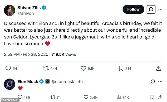 Elon Musk and Shivon Zilis Welcome Fourth Child, Seldon Lycurgus