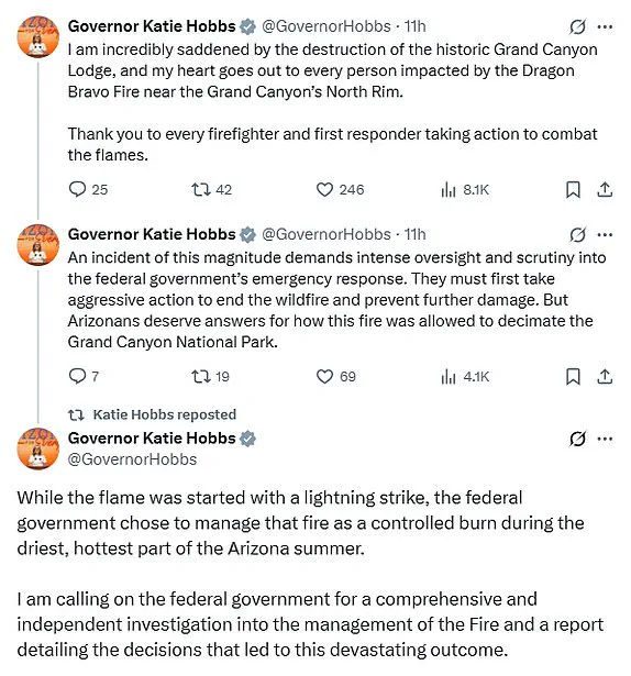 Arizona Governor Katie Hobbs Calls for Federal Probe into National Park Service's Wildfire Response After Grand Canyon's North Rim Blaze Destroys Historic Structures