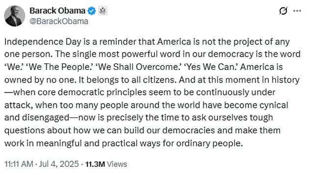 Obama's Fourth of July Remarks Highlight Tensions and Democracy's Fragility Amid National Challenges