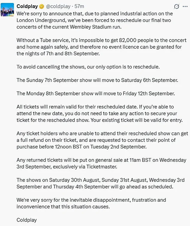 Coldplay Reschedules Wembley Concerts Amid London Underground Strikes, Citing 'Logistical and Safety Challenges'