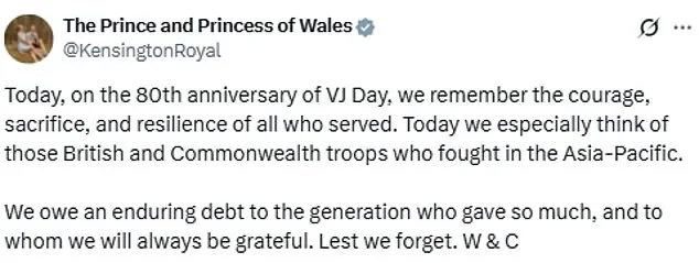 Prince and Princess of Wales Mark 80th Anniversary of VJ Day with Tribute to WWII Sacrifices